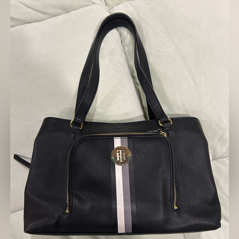 Tommy Hilfiger Black Shoulder Tote with White and Pink Stripe